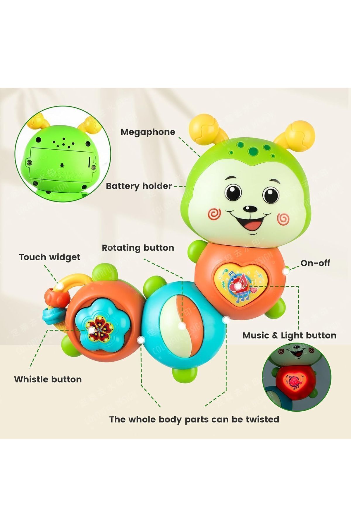 TOYFEST Çıngıraklı Işıklı Ninnili Müzikli Tırtıl Şekilli İnteraktif Bebek Eğitici Tuşlu Oyuncak - Yeşil fotoğrafı 5 (önizleme)