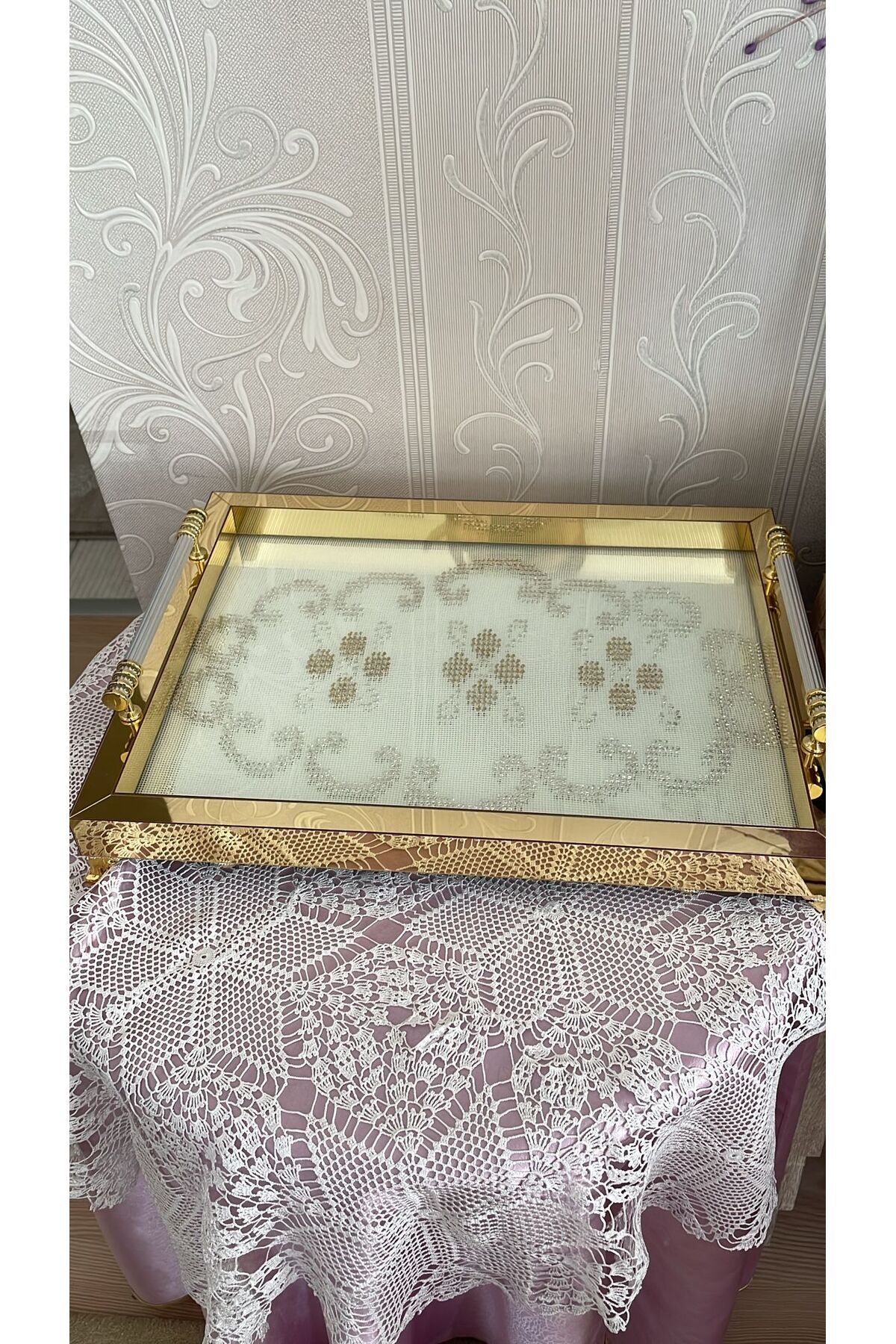 HSN DECOR Crystal Gold Ultra Lüx Camlı Aynalı Iğne Oyası, Örgü, Işleme