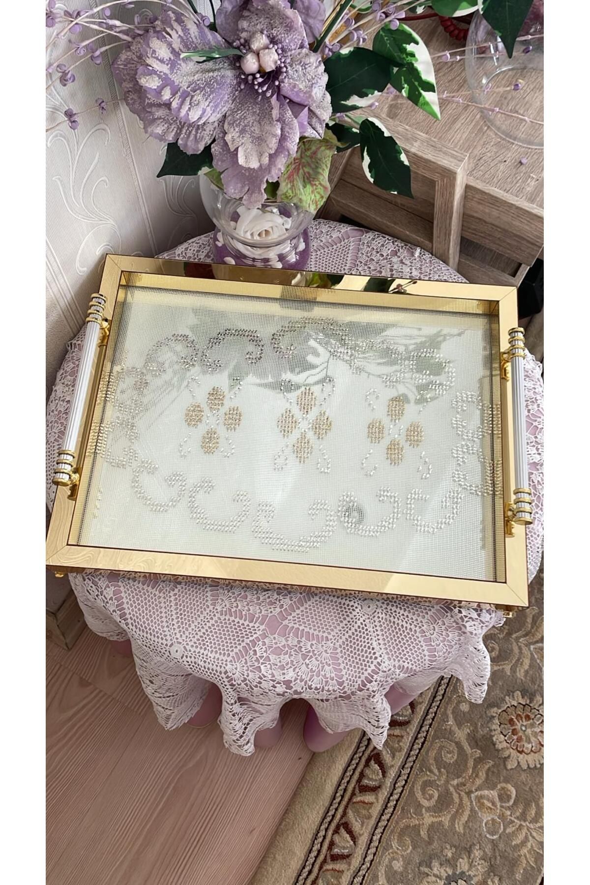 HSN DECOR Crystal Gold Ultra Lüx Camlı Aynalı Iğne Oyası, Örgü, Işleme