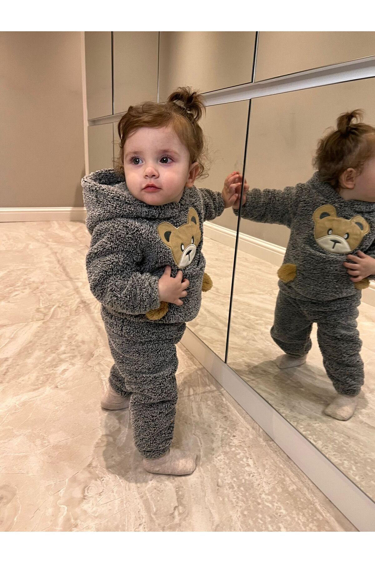 BT Baby Kışlık Ayıcık Desenli Welsoft Lüx Bebek Takımı Peluş Cepli Kapüşonlu fotoğrafı 2 (önizleme)