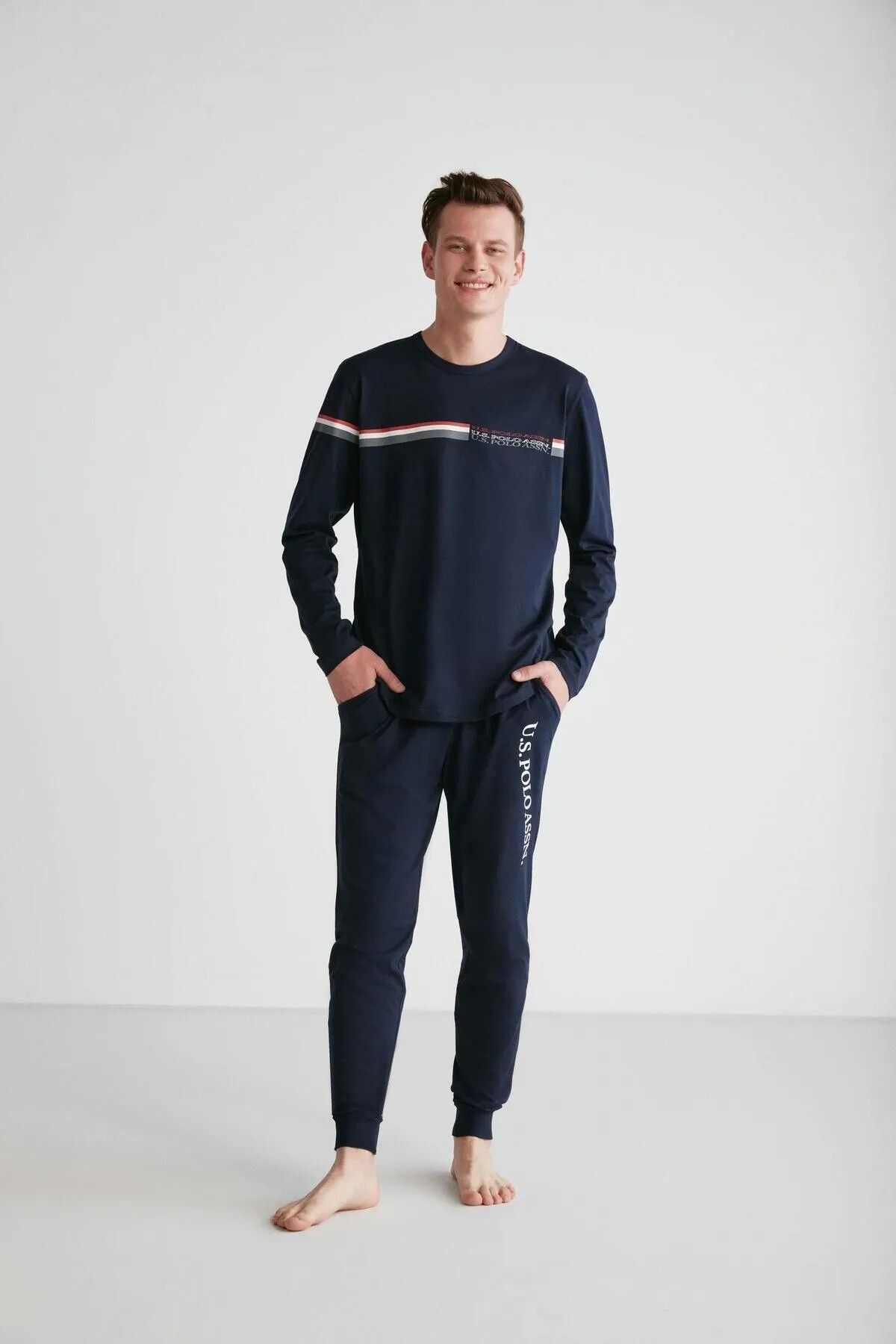 ست پیژامه آبی مردانه پایه. پولو اسن. لباس خواب راه یقه گرد U.S. Polo Assn.