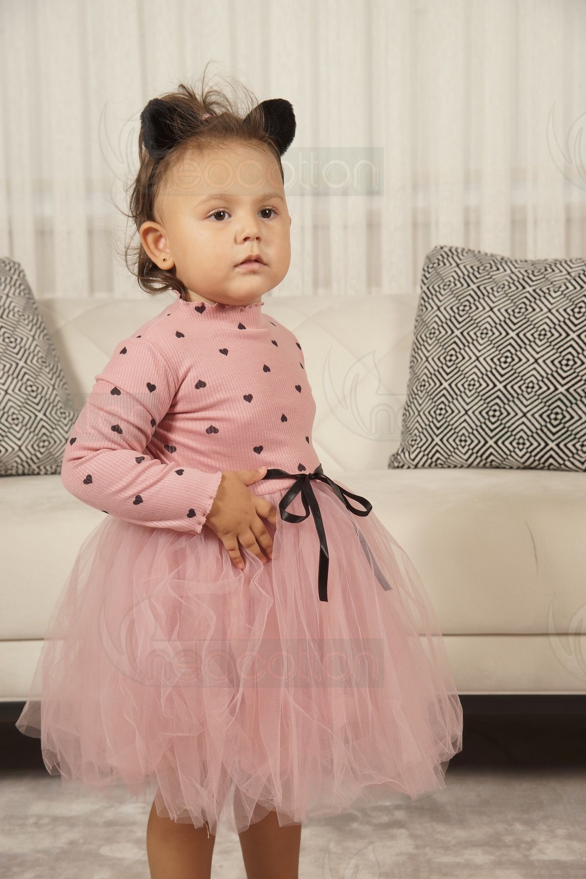 neocotton Kız Bebek-Çocuk Uzun Kollu Doğum Günü ve Özel Günler İçin Kalpli Tüllü Astarlı Elbise fotoğrafı 7 (önizleme)