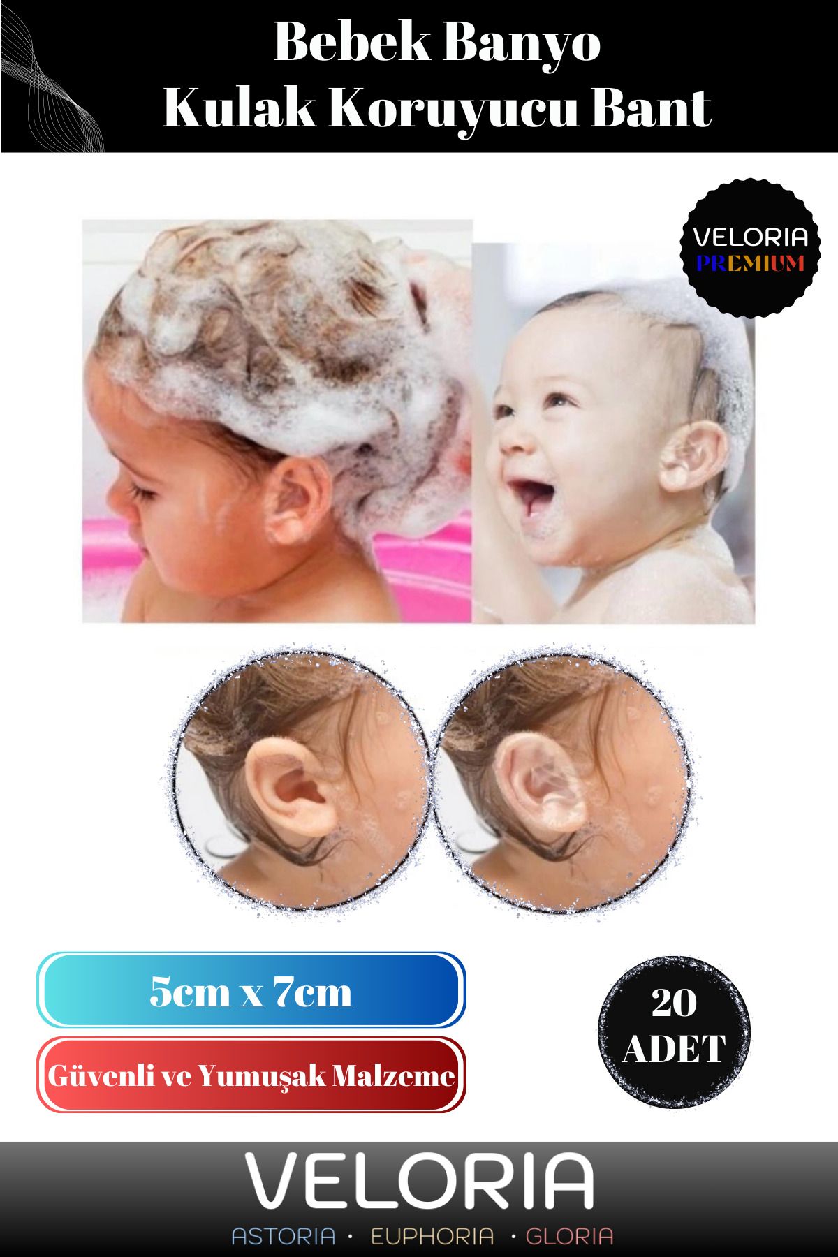 Premium Seri Özel Üretim Güvenli Su Kaçırmaz Yumuşak Bebek Banyo Kulak Koruyucu Şeffaf Bant 20 Adet