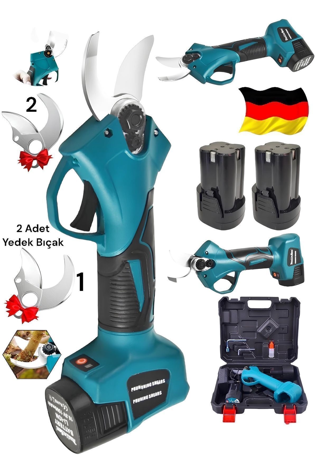 Germany Steel 8 SERİ ÇİFT AKÜLÜ ÇELİK ŞANZUMAN ŞARJLI DAL AĞAÇ KESME BAĞ BUDASMA MAKASI 2 ADET BIÇAK HEDİYE