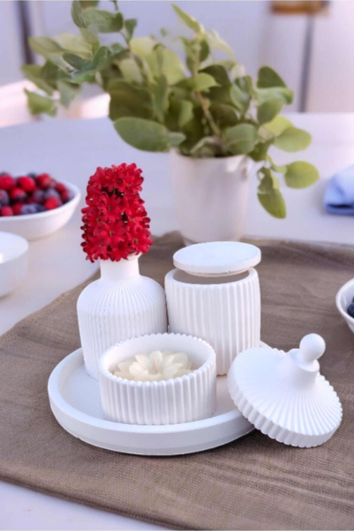 Candle Holder and Vase Set with Round Tray - White Decorative Vase Set (CANDLE INCLUDED.)