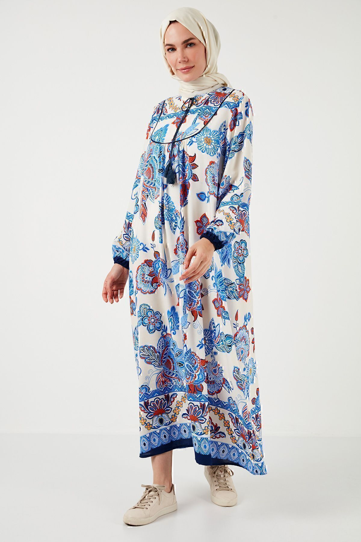 Lela-Modest Patterned Regular Fit Tied V-Neck Maxi Dress 611el510 6