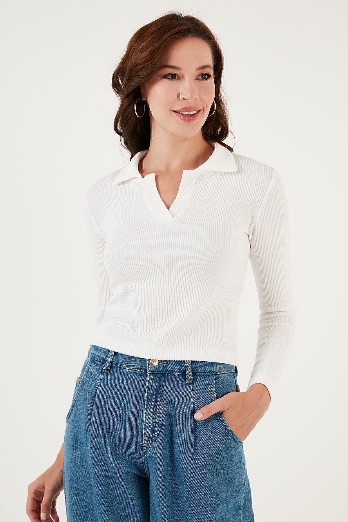 Lela-بلوزة ضيقة ملفوفة من القماش المضلع بياقة بولو BLOUSE 5865448 8