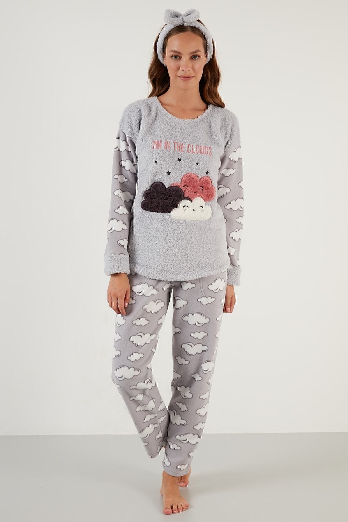 Lela-Cloud Patterned Pocketed Plush Pajama Set with Elastic Waist Pajama Set 6094120bulu 5