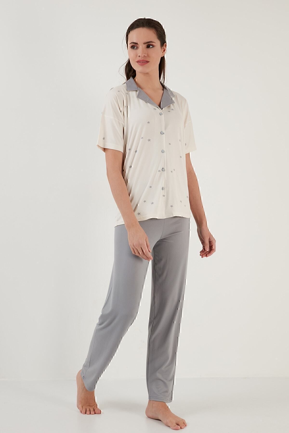Lela-Set pijama țesută cu guler de cămașă cu mânecă scurtă și talie elastică cu model Set pijama 6097515 8