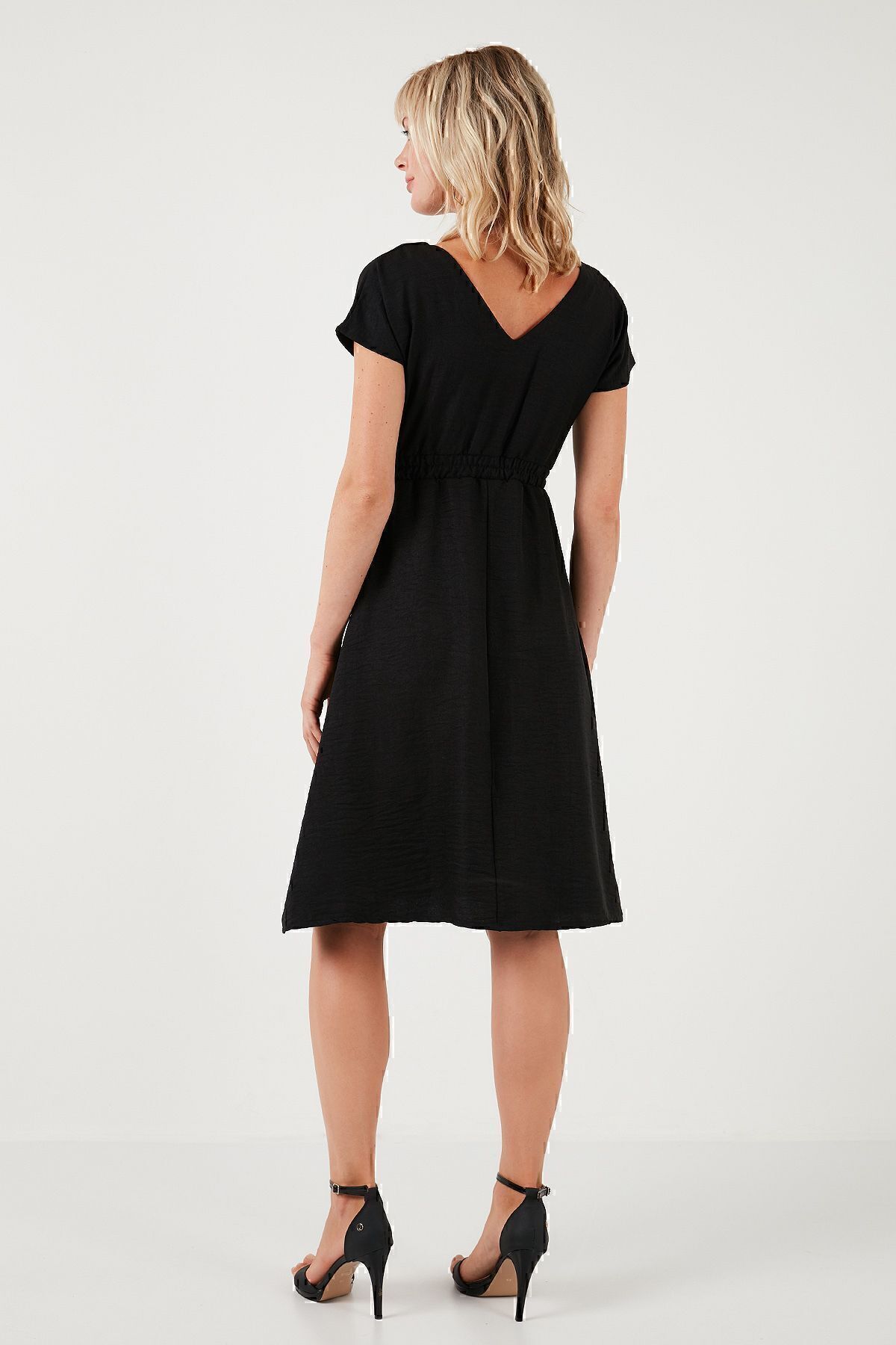 Lela-Rochie midi cu decolteu în V cu nasturi - Rochie cu mâneci scurte5865747 5