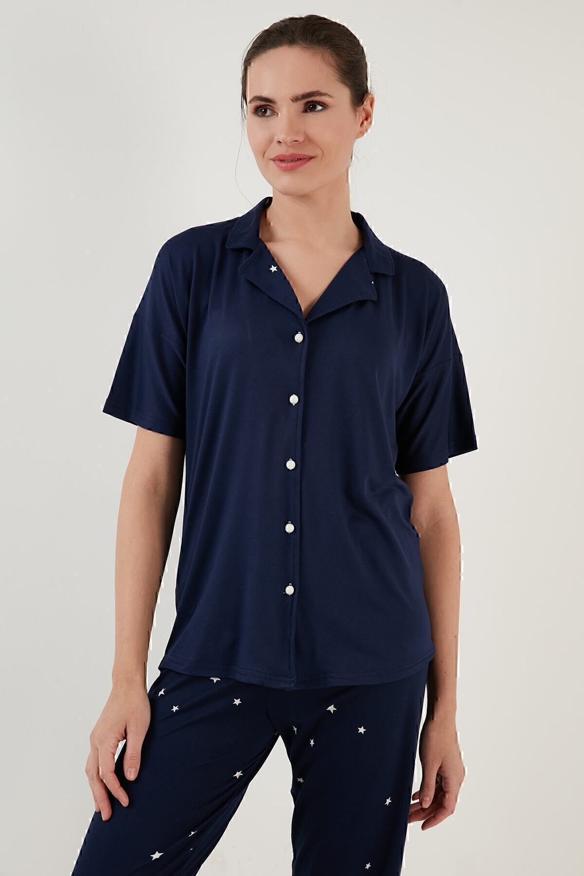 Lela-Set pijama țesută cu guler de cămașă cu mânecă scurtă și talie elastică cu model Set pijama 6097515 3
