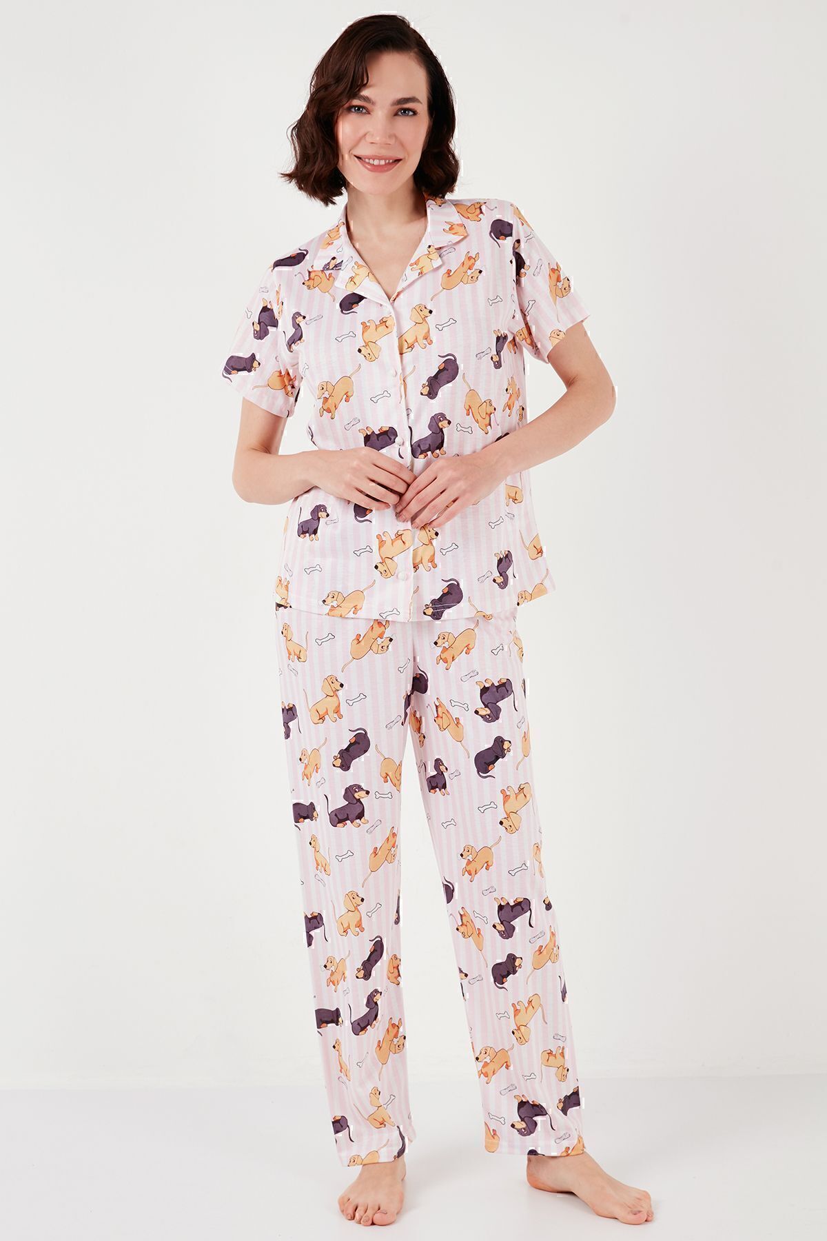 Lela-Set pijama cu model regular fit - mânecă scurtă, guler cămașă, talie elastica6571010 2