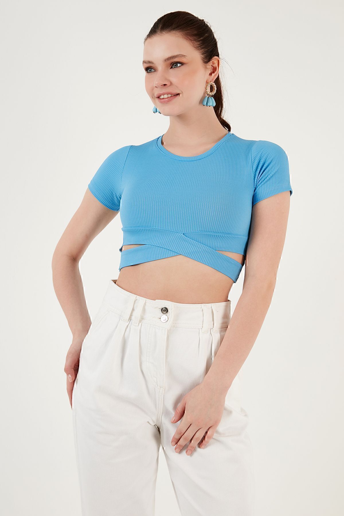 Lela-Bluză crop bluză cu mânecă scurtă, slim fit, cu detaliu în talie cu nervuri5864211 5