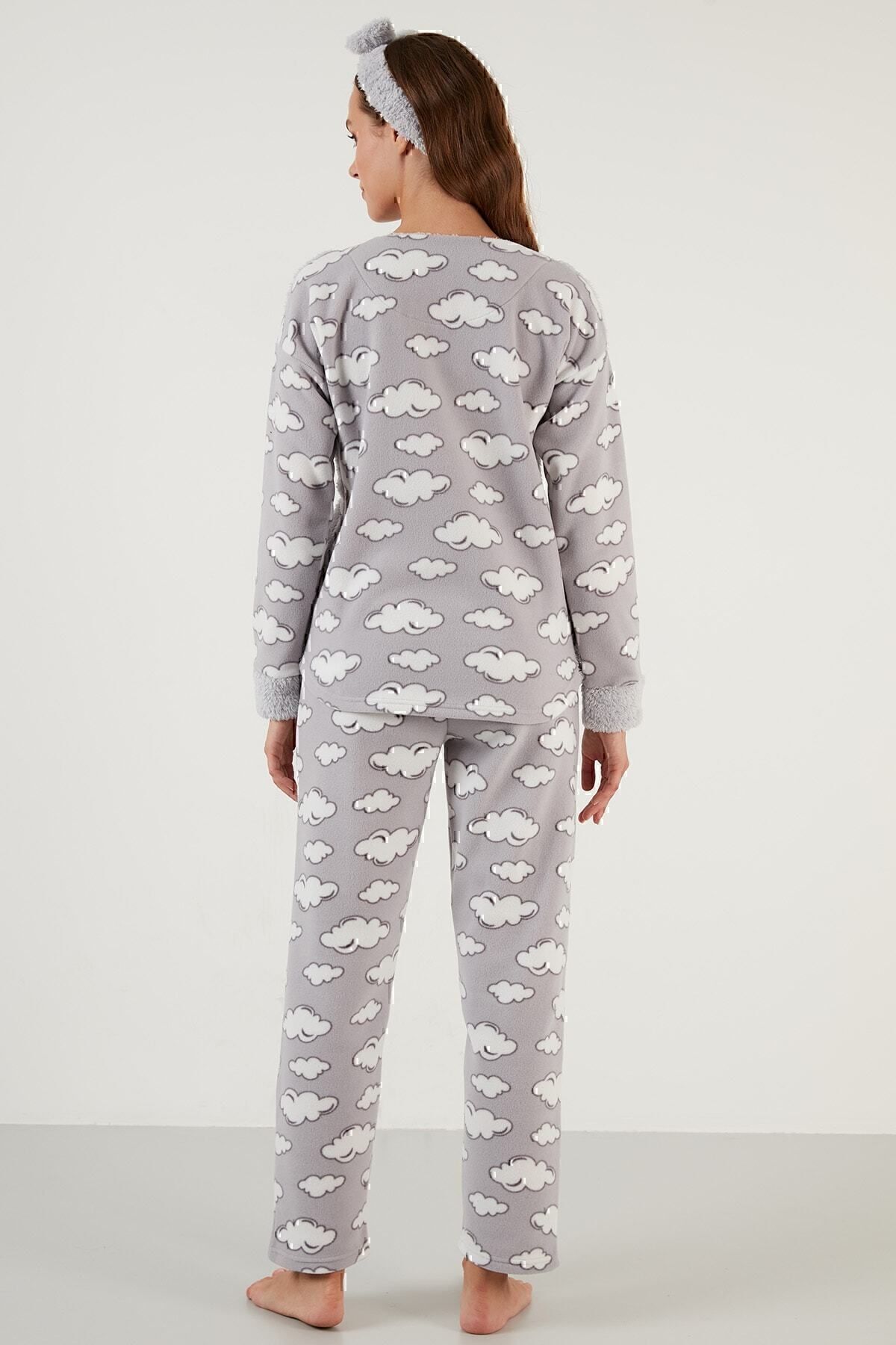 Lela-Cloud Patterned Pocketed Plush Pajama Set with Elastic Waist Pajama Set 6094120bulu 6