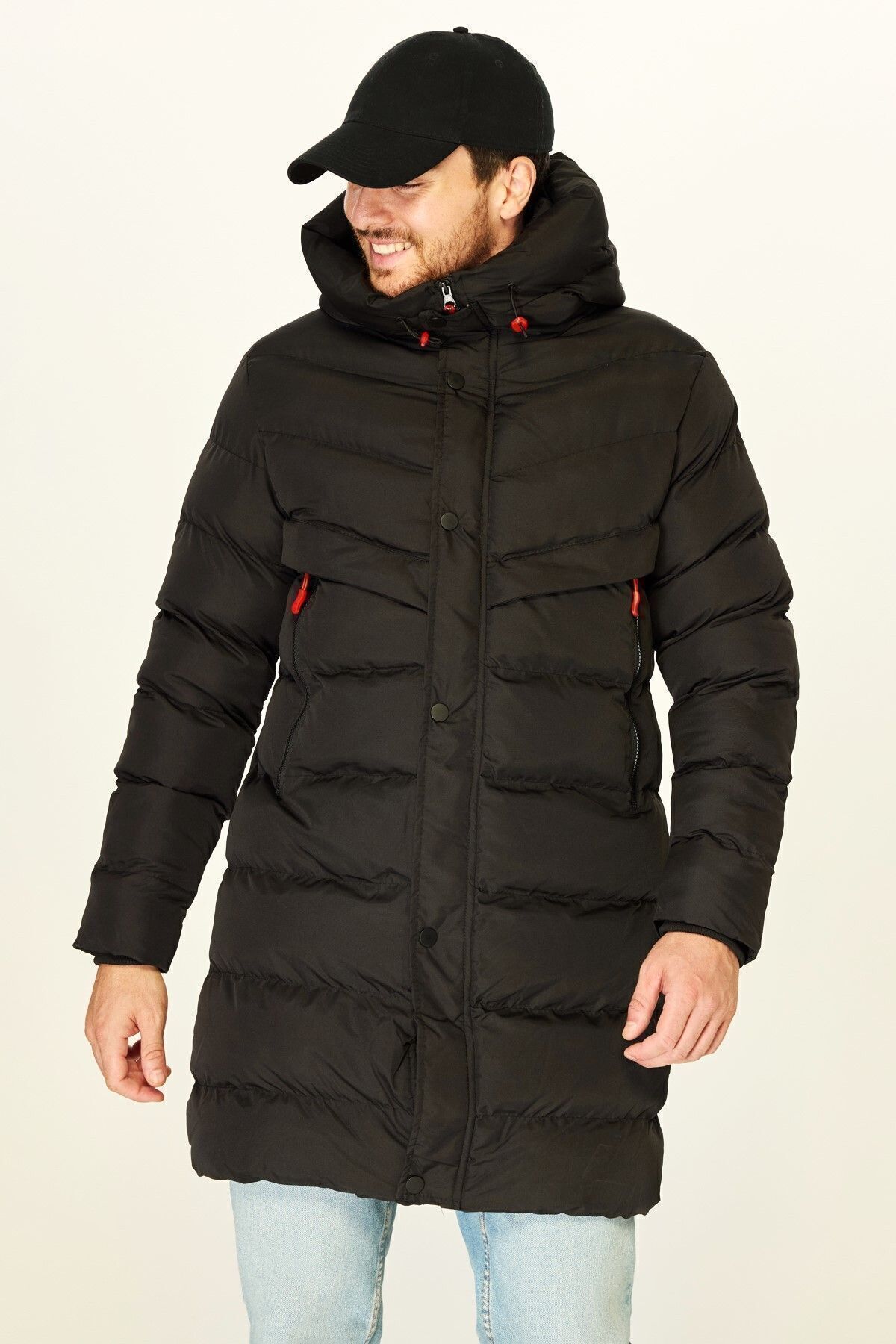 D1fference-Schwarzer Puffer-Parka für Herren – mit Kapuze, winddicht, mit Fasern gefüllt, langer Wintermantel 2