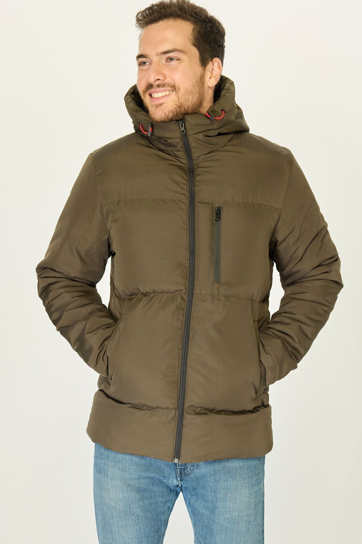 D1fference-Men's Khaki Thick Lined Hooded Inflatable Sports Winter Coat 1