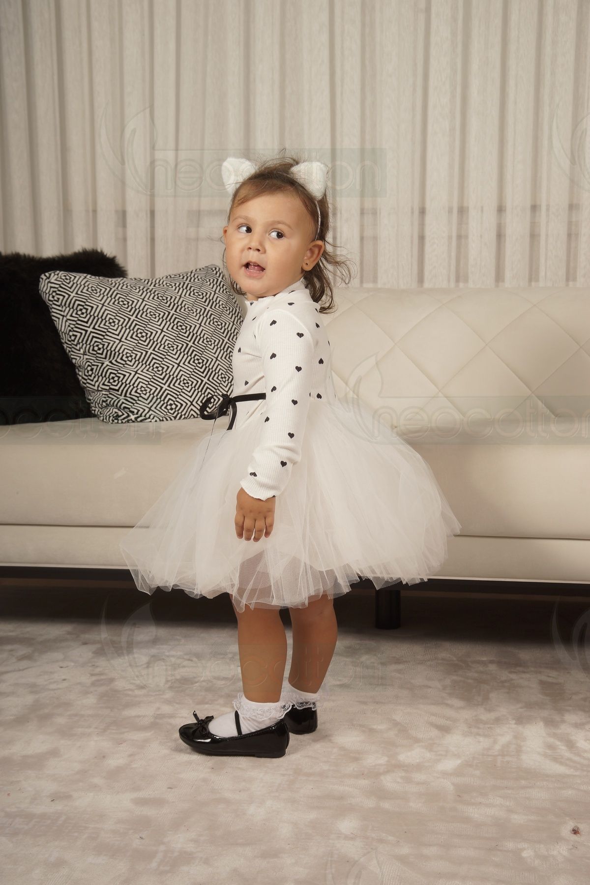 neocotton Kız Bebek-Çocuk Uzun Kollu Doğum Günü ve Özel Günler İçin Kalpli Tüllü Astarlı Elbise fotoğrafı 7 (önizleme)