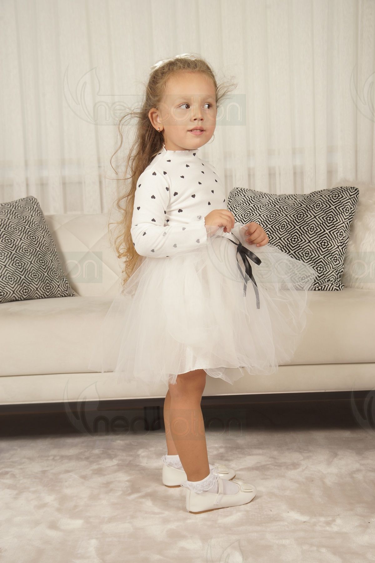 neocotton Kız Bebek-Çocuk Uzun Kollu Doğum Günü ve Özel Günler İçin Kalpli Tüllü Astarlı Elbise fotoğrafı 4 (önizleme)