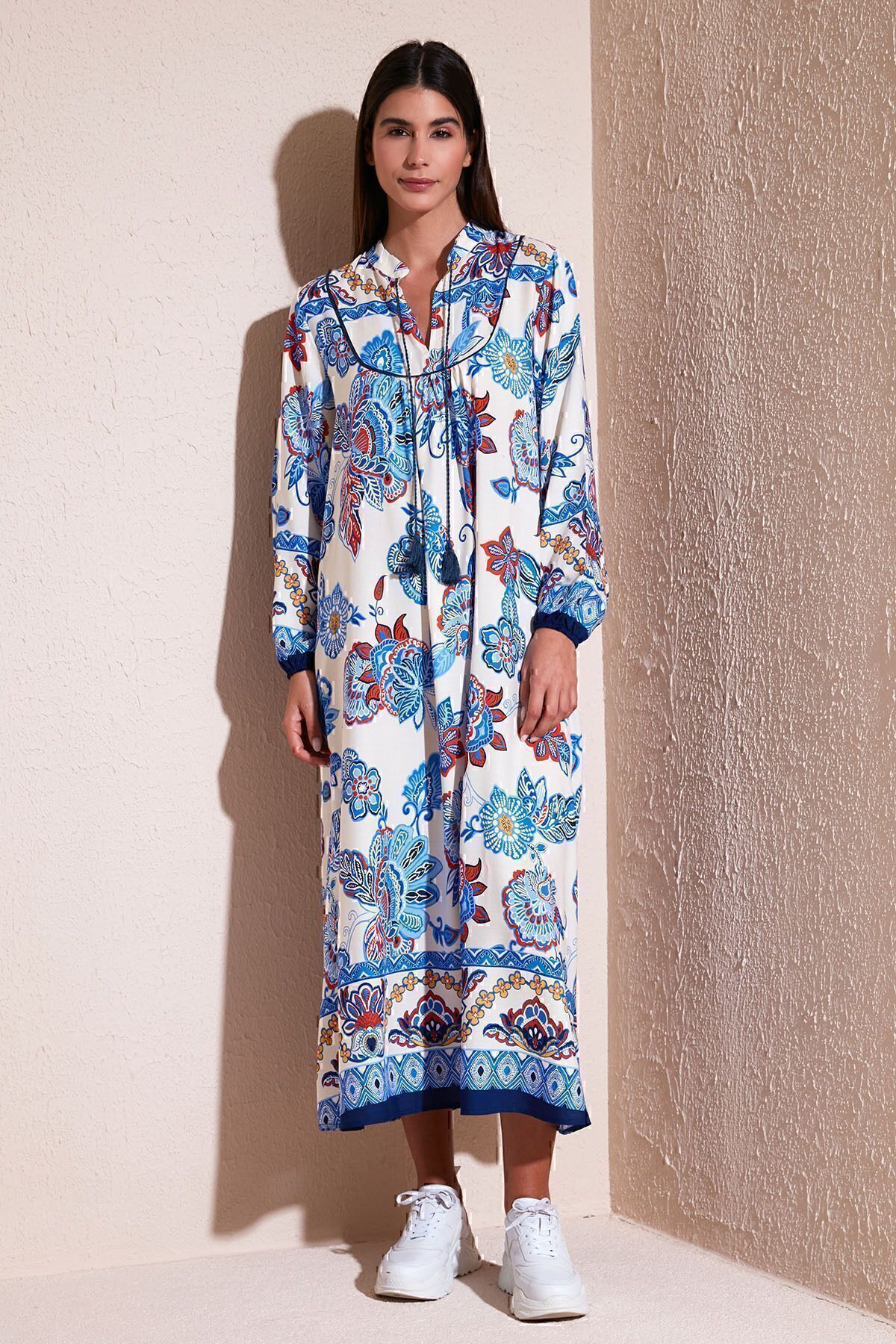 Lela-Modest Patterned Regular Fit Tied V-Neck Maxi Dress 611el510 2