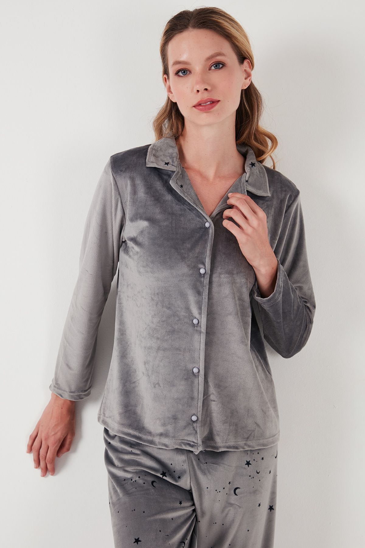Lela-Shiny Patterned Regular Fit Velvet Pajama Set - 65713311 3