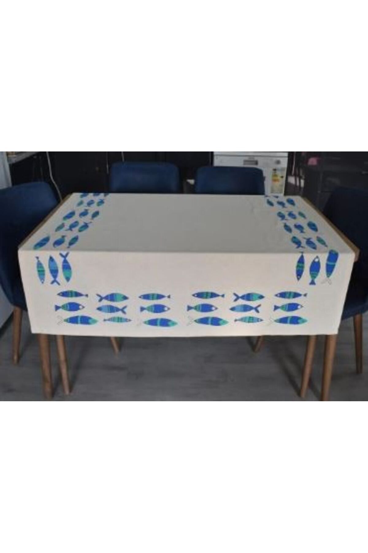 TUNCAY TEKSTİL-Fish Printed Blue Linen Rectangular Tablecloth 2