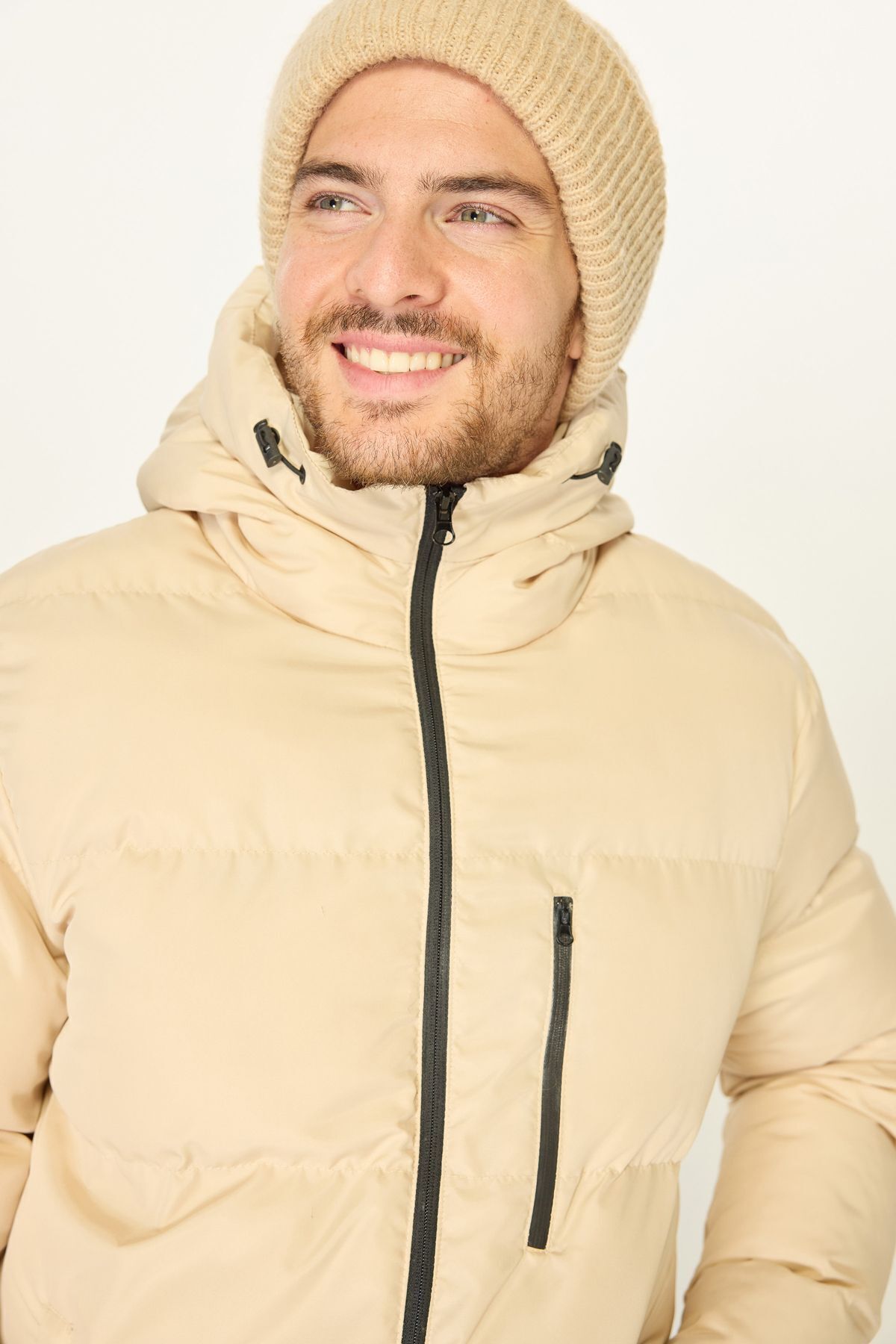 D1fference-Men's Beige Thick Lined Hooded Puffer Sports Winter Coat 5