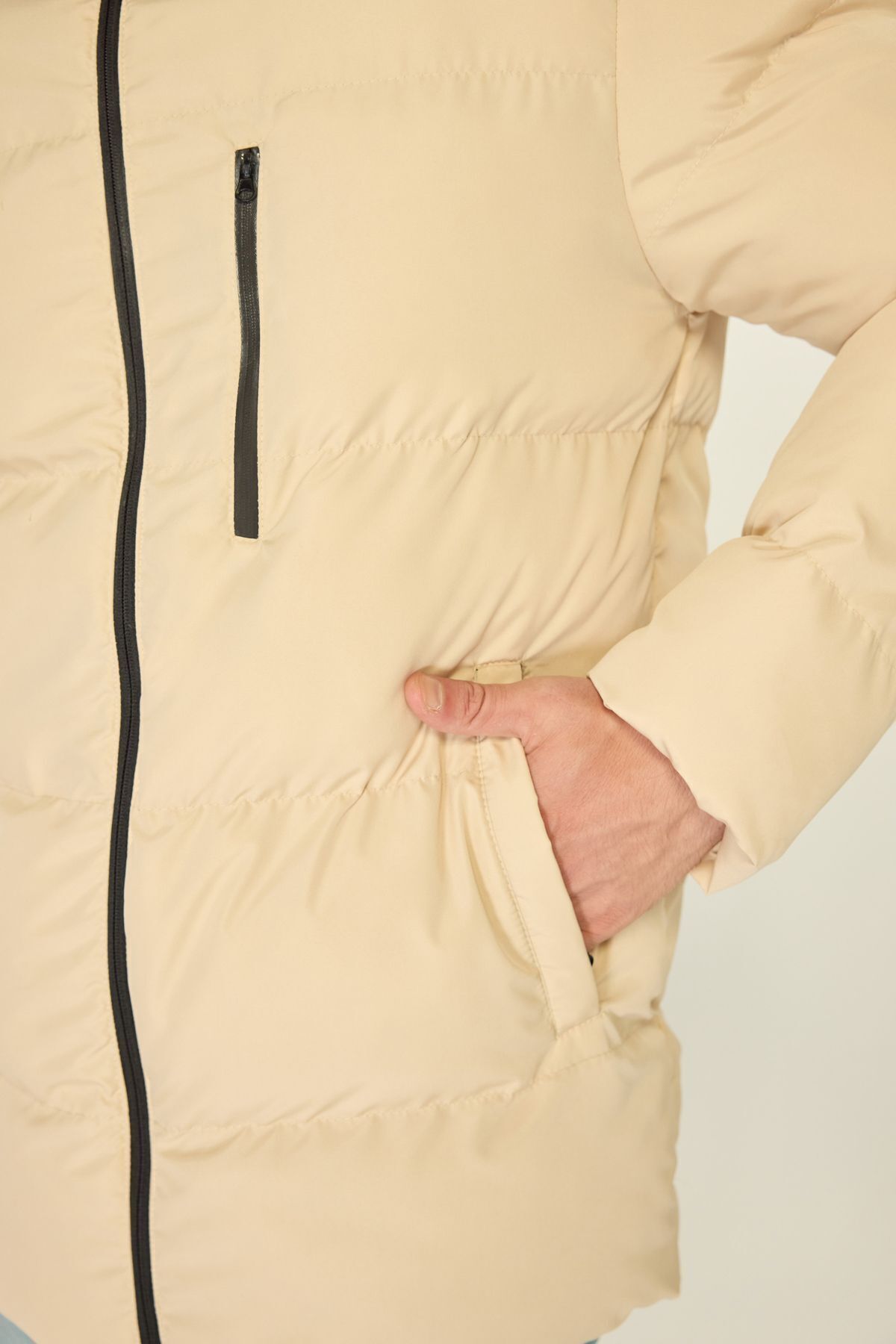 D1fference-Men's Beige Thick Lined Hooded Puffer Sports Winter Coat 6
