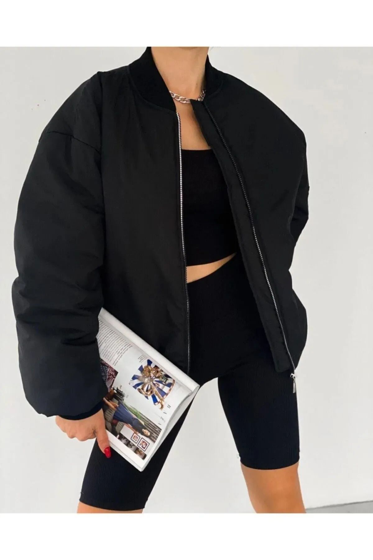 Unisex Siyah Oversize Bomber Ceket