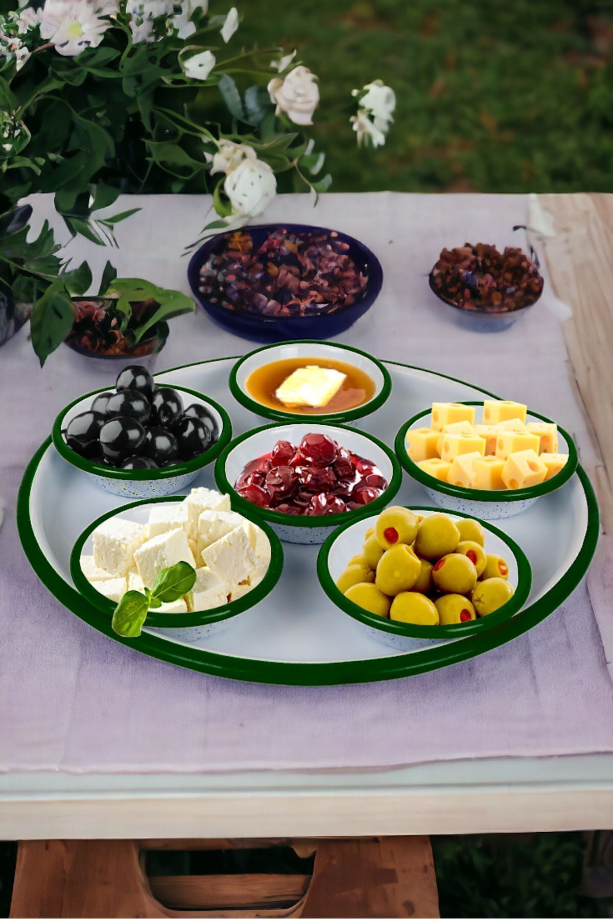 İnci Emaye 7 Parça Küçükboy Emaye Kahvaltı Seti, Sunum, Kahvaltı Tabağı, Reçellik, Zeytin, Peynir Tabağı, Çeyiz