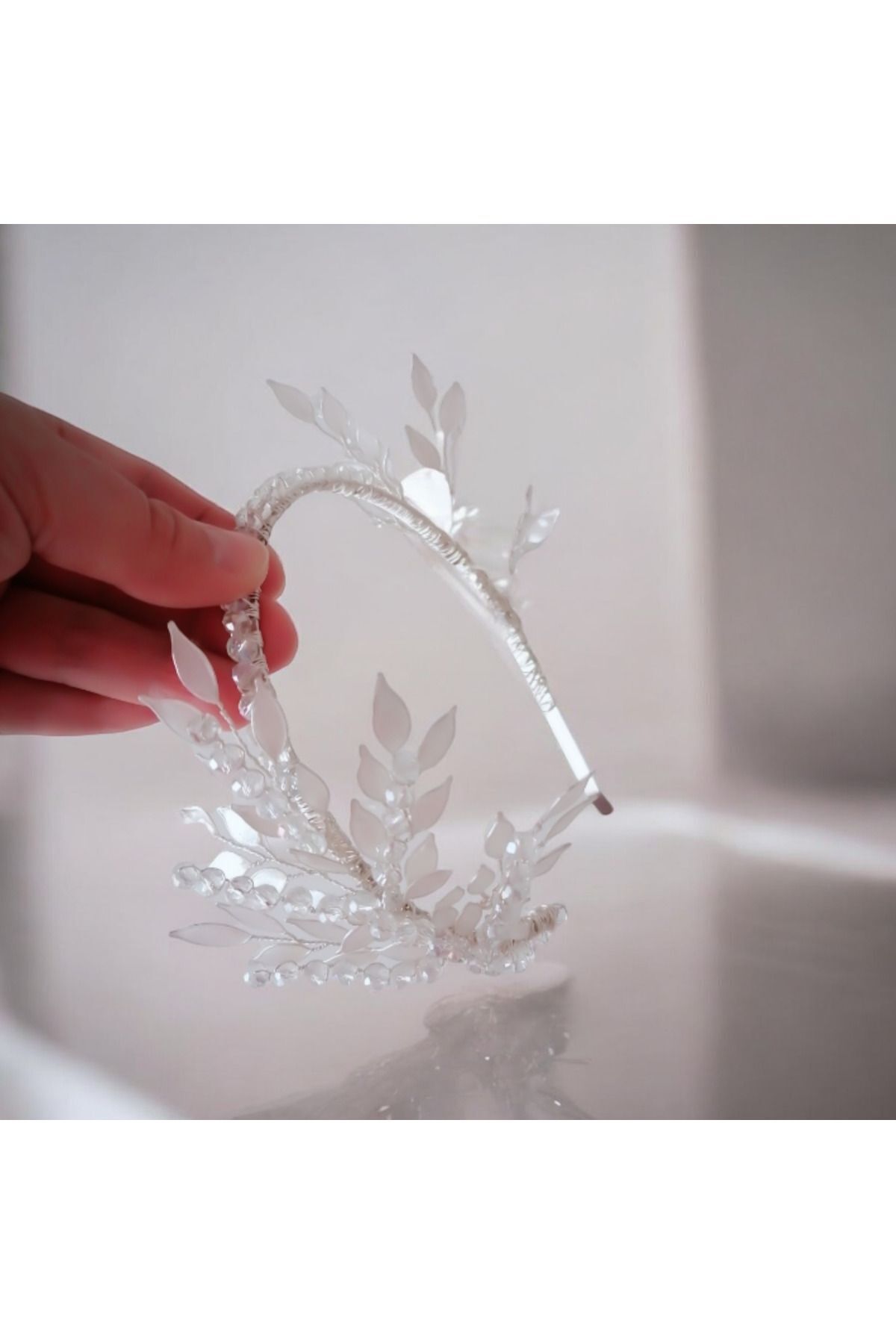 Mirnova-White Bridal Crown - Crystal Stone Helen Leaf Model Hair Accessory 3