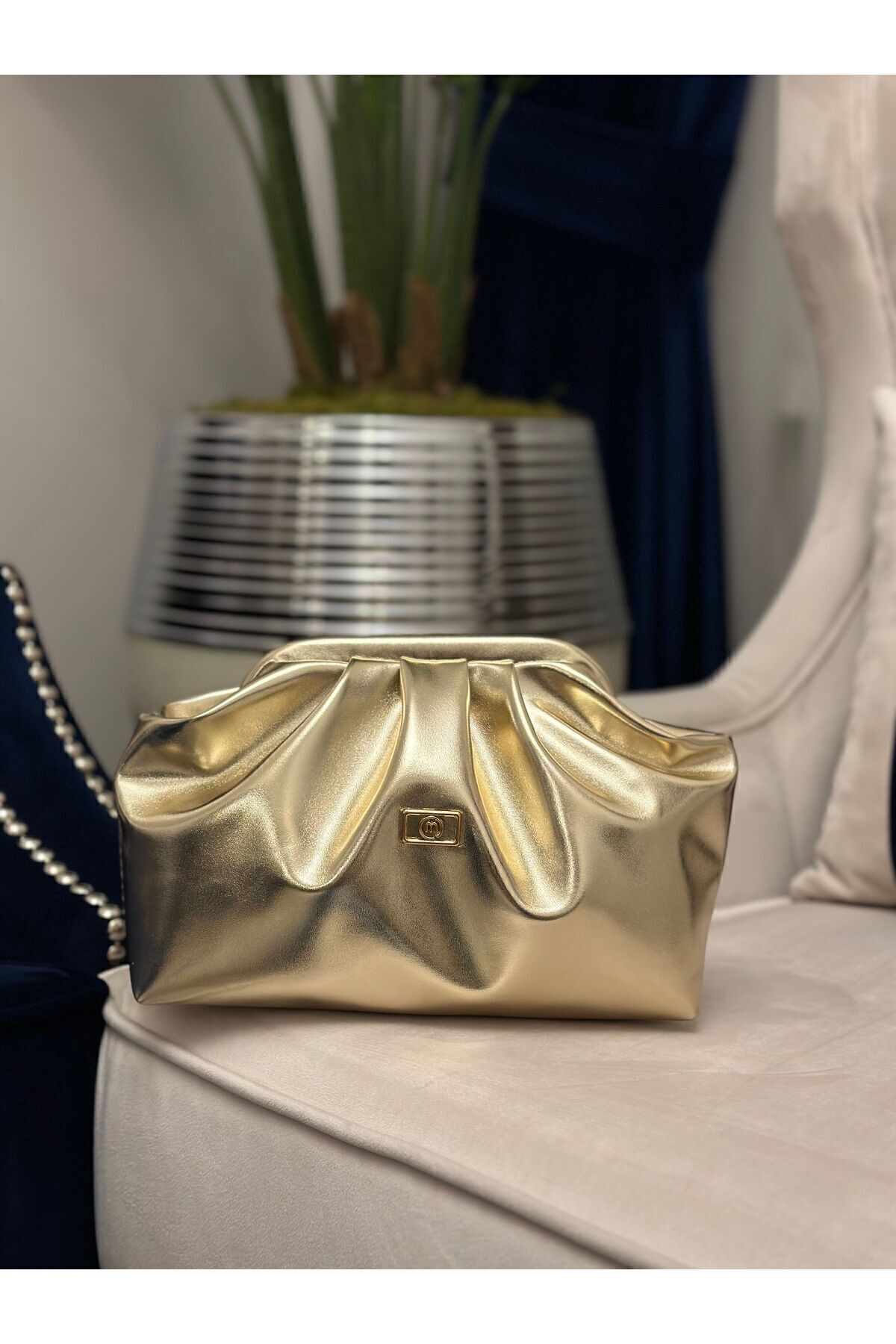 Kadın Gold Altın Rengi Parlak Suni Deri Askılı Clutch Günlük Ve Abiye Çanta