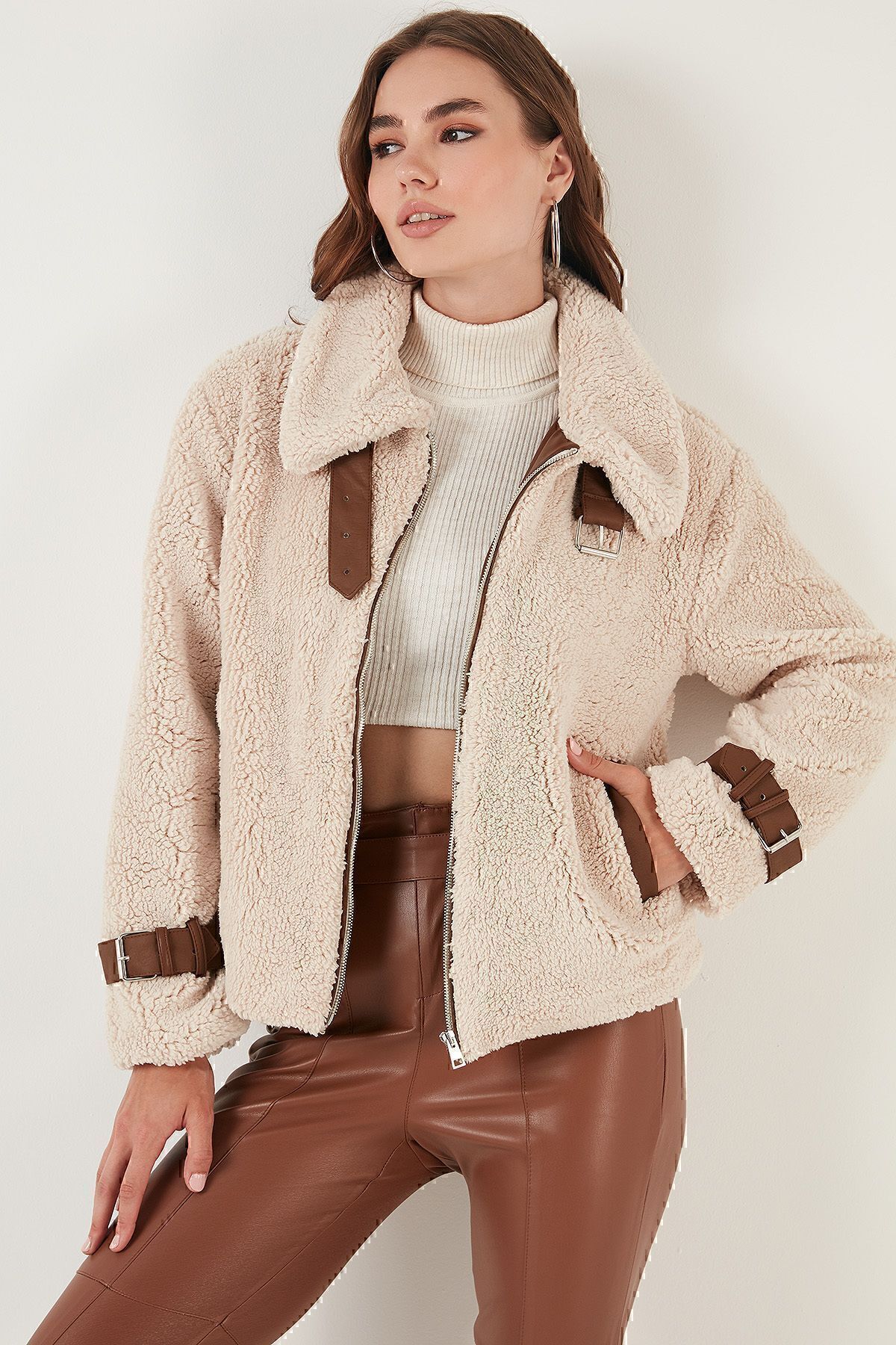 Lela-Regular Fit Belt Detailed Faux Fur Coat with Pockets 497fulya 7