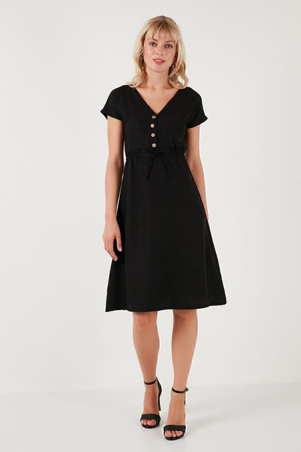 Lela-Rochie midi cu decolteu în V cu nasturi - Rochie cu mâneci scurte5865747 6