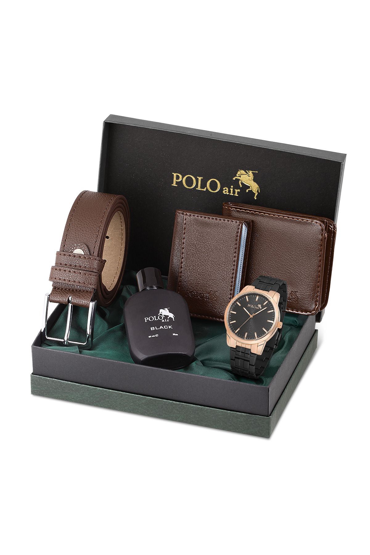 Polo Air Erkek Kol Saati Parfüm Cüzdan Kemer Kartlık Kombin Set Siyah Bakır Renk PL-0918E4