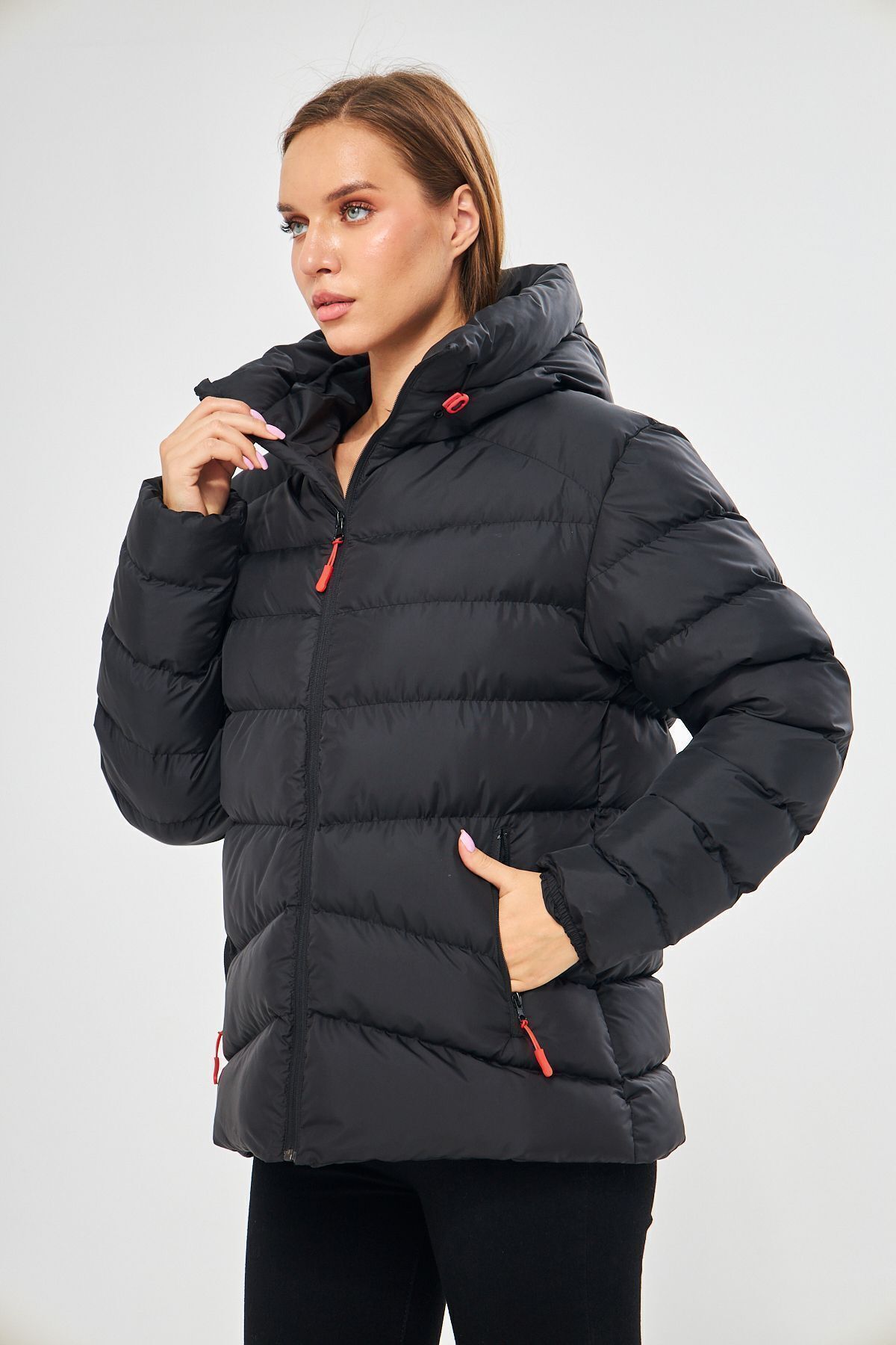 D1fference-Black Hooded Windproof Puffer Winter Jacket - Women 6