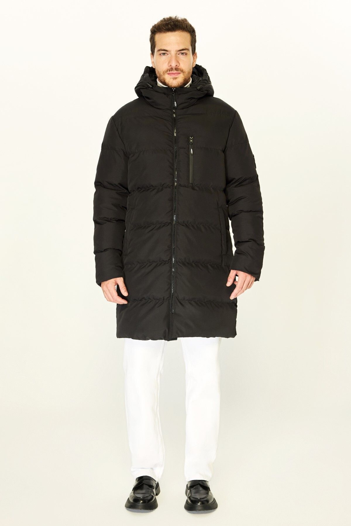 D1fference-Schwarzer Puffer-Parka für Herren – mit Kapuze, Faserfüllung, winddichter Mantel 2
