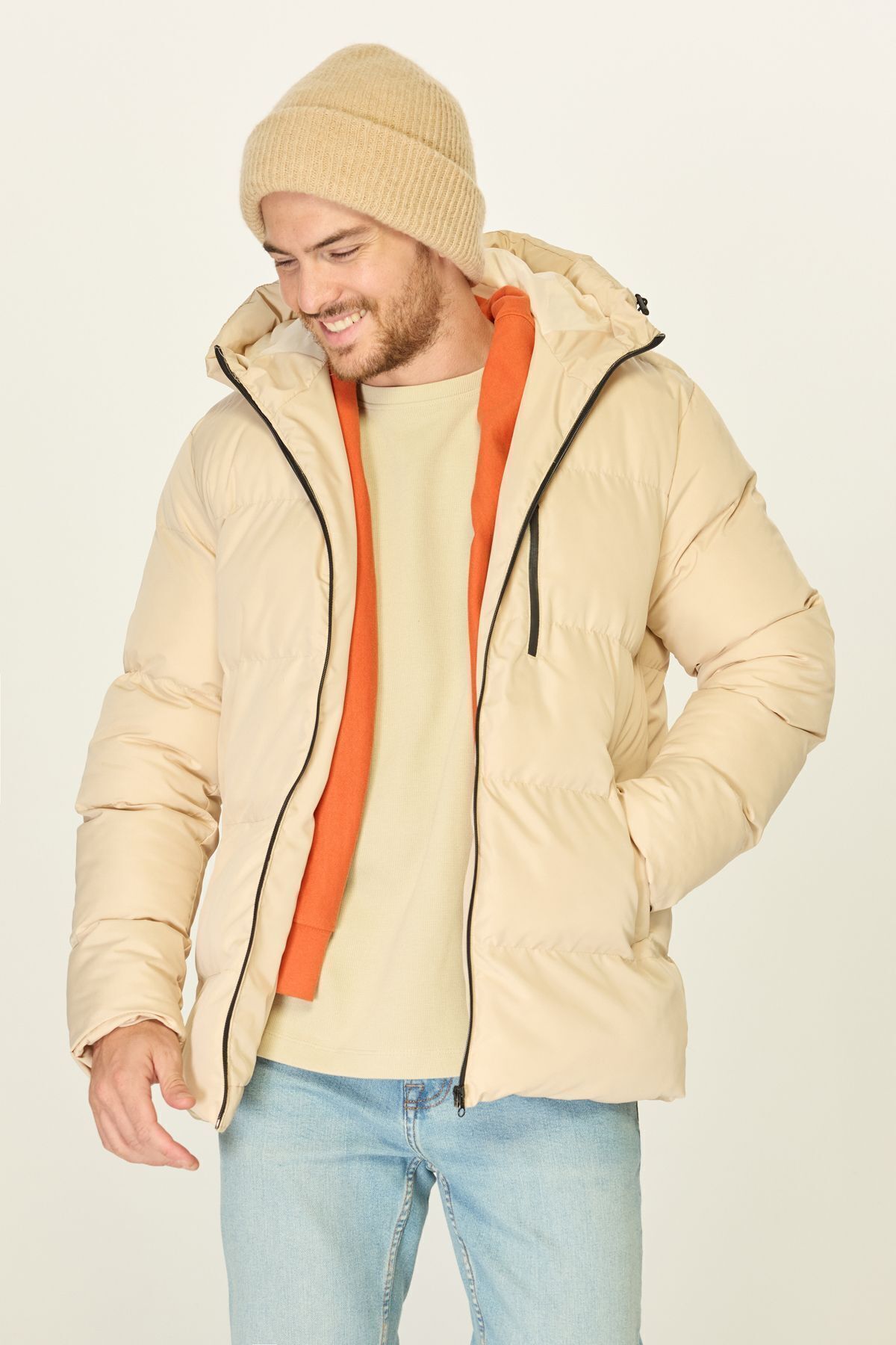 D1fference-Men's Beige Thick Lined Hooded Puffer Sports Winter Coat 2