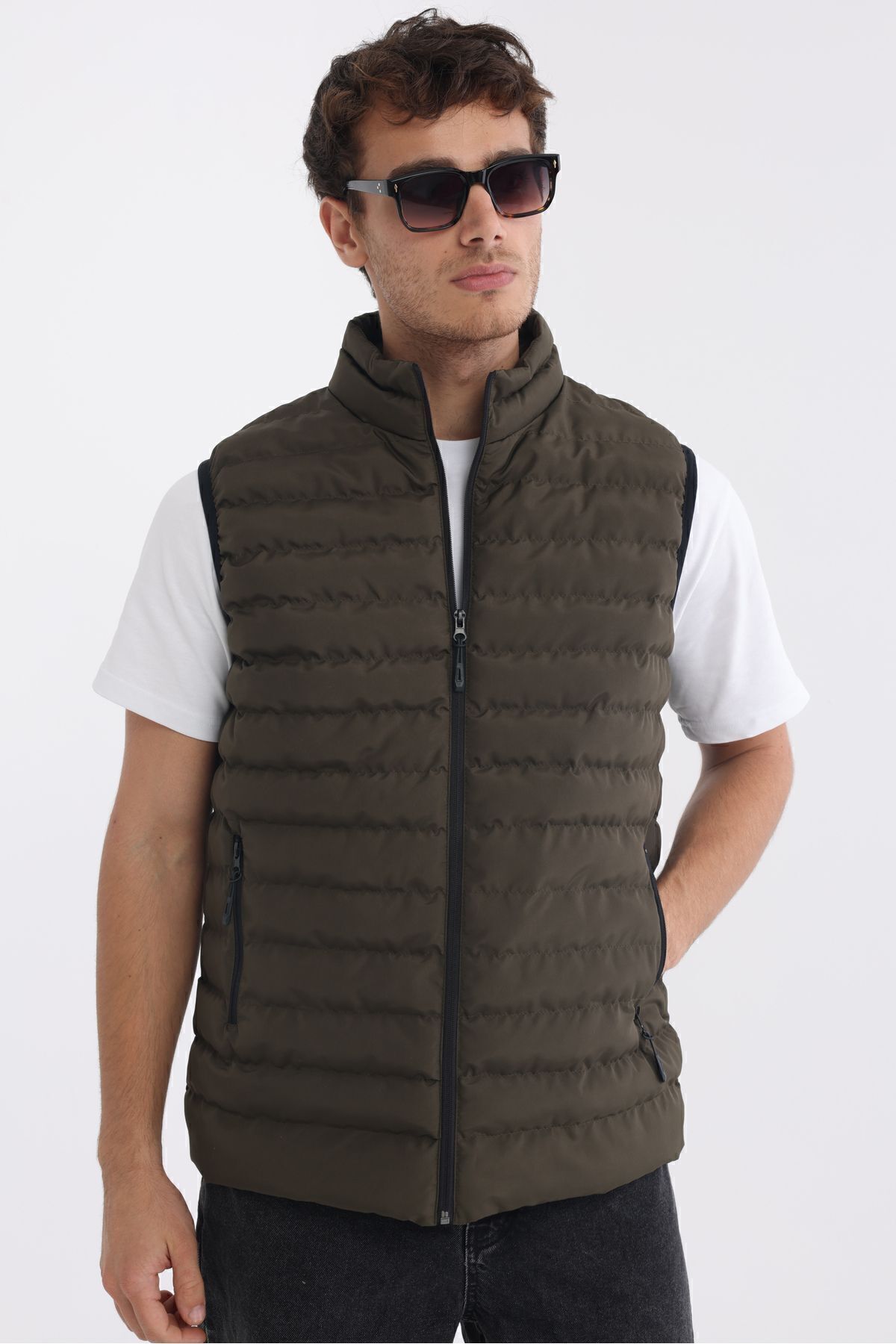 D1fference Erkek Astarlı Haki Rüzgar Geçirmez Spor Şişme Yelek