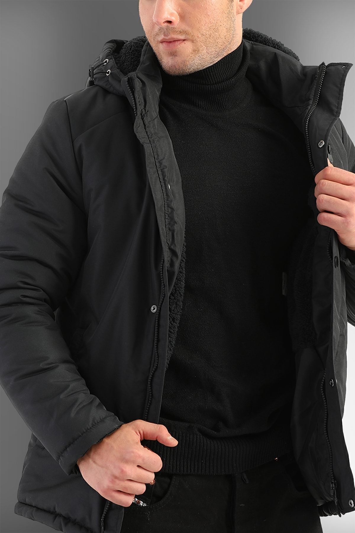 D1fference-Herren Schwarz Schiefen Kapuze Winddicht Sport Winter Mäntel & Mäntel & Parka 4