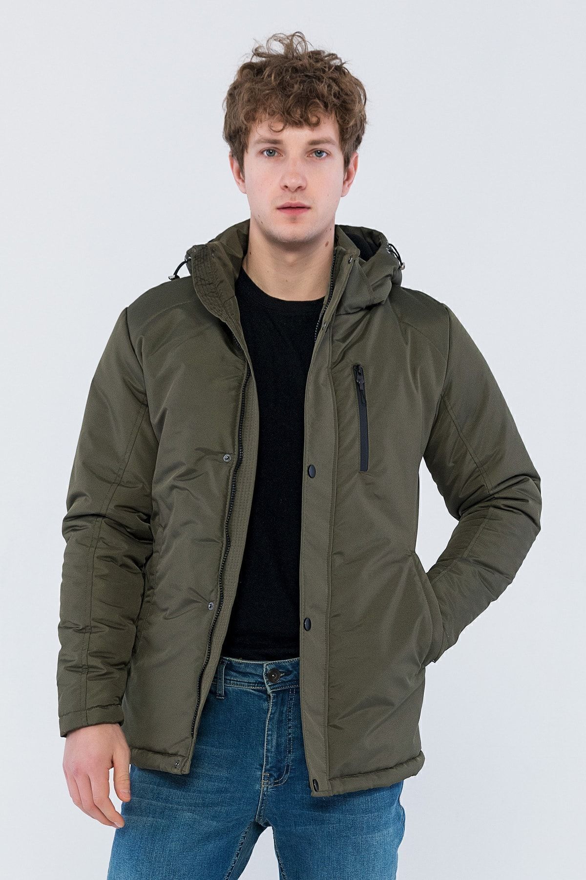 D1fference-Herren Khaki Ausgehen Kapuze Winddicht Dicke Sportmäntel & Mäntel & Parka 2