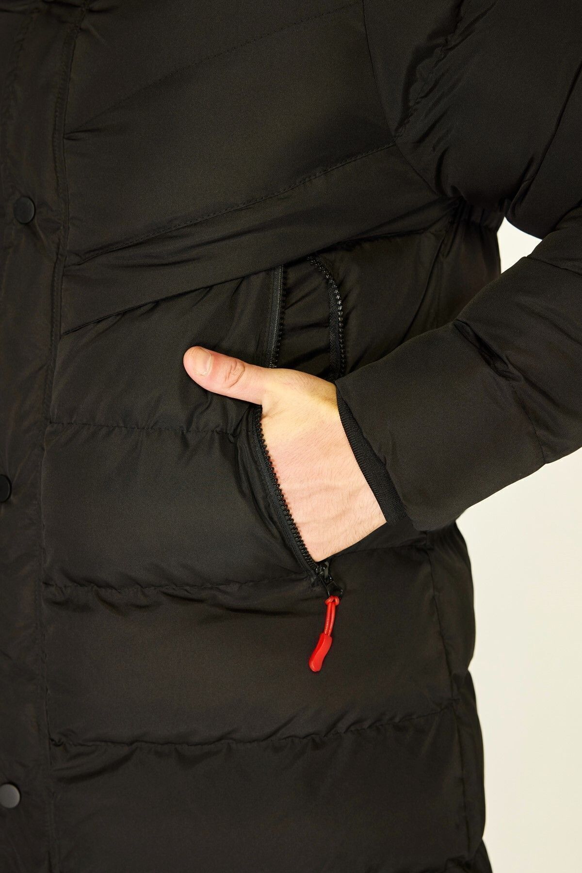D1fference-Schwarzer Puffer-Parka für Herren – mit Kapuze, winddicht, mit Fasern gefüllt, langer Wintermantel 6