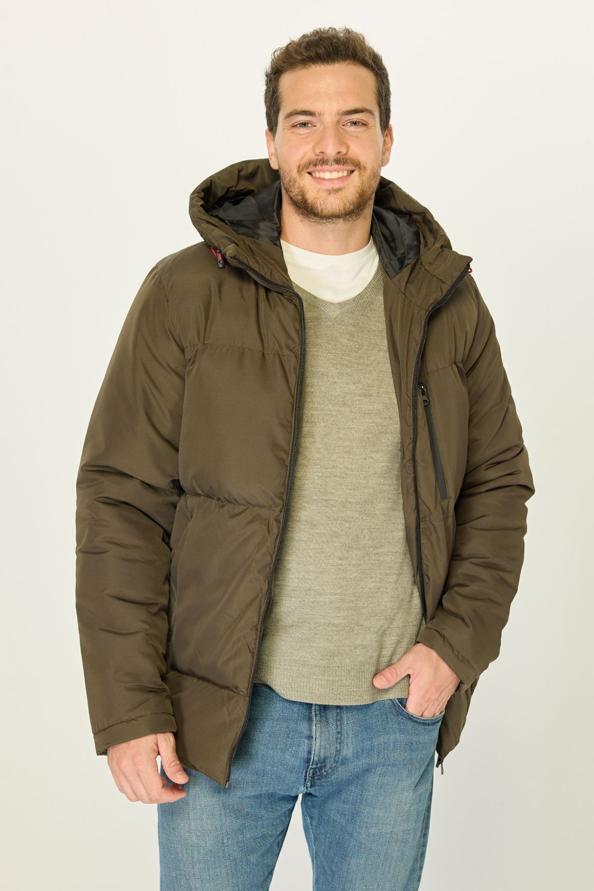 D1fference-Men's Khaki Thick Lined Hooded Inflatable Sports Winter Coat 4
