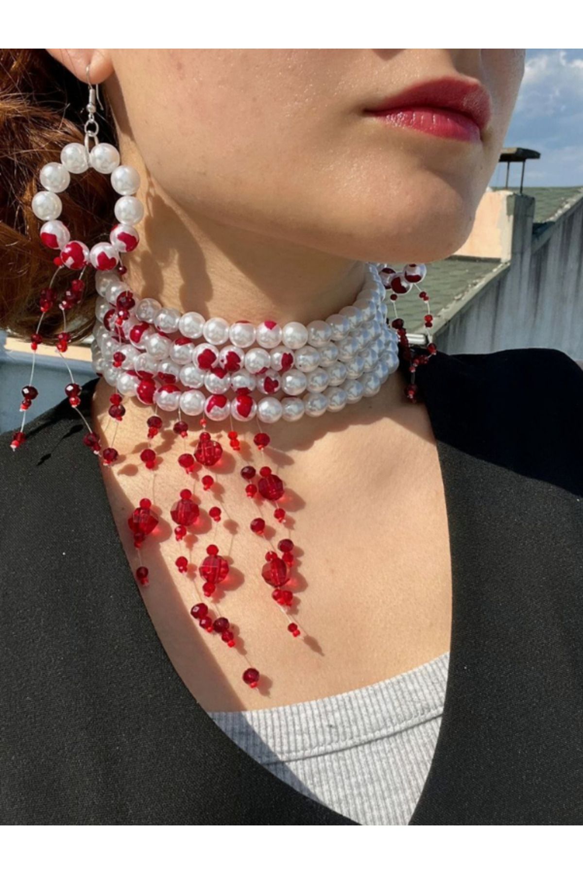 vampir kolye ve vampir küpe set, kan damlayan , kristal vampir, inci vampir kolye 2