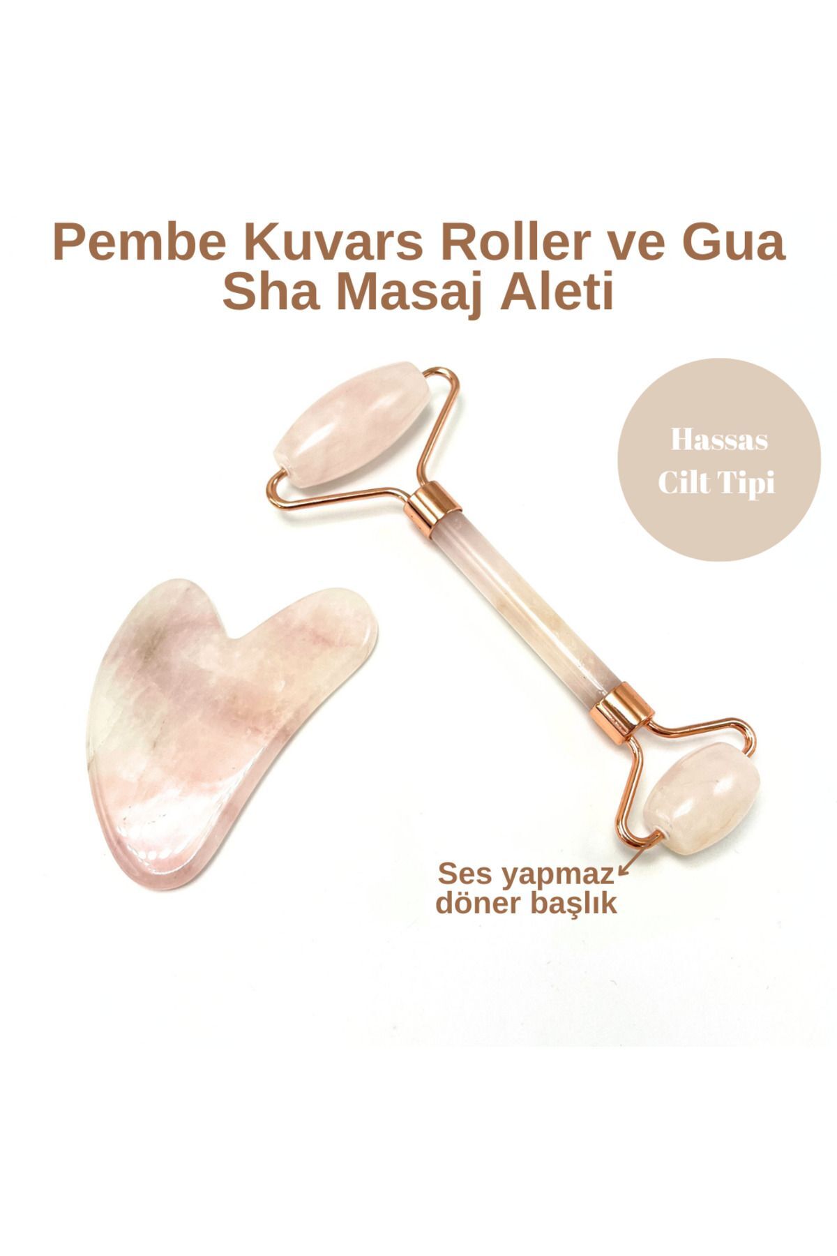 Sertifikalı Pembe Kuvars 1. Sınıf Kalite Roller ve Gua Sha Doğal Taş Masaj Aleti Takım — رنگارنگ ydtma7