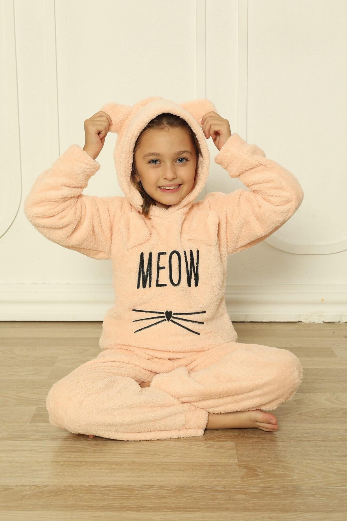 Pijamaevi-Meow Patterned Full Plush Girl's Pajama Set - Salmon 3