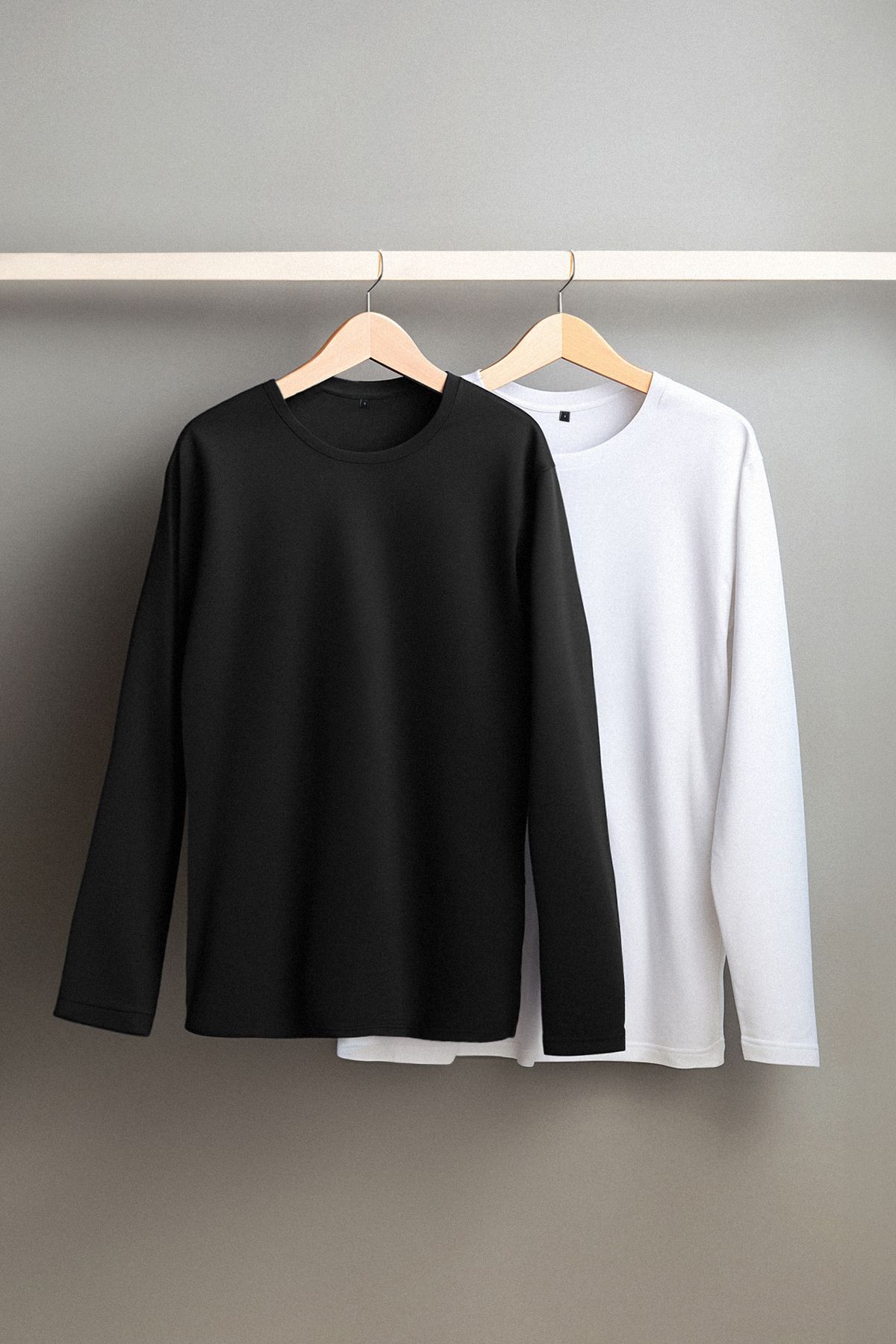 Edit by Trendyol Czarno-biały 2-pak - 100% Bawełny, Dopasowany Krój, Męski T-shirt Z Długim Rękawem, Podkreślający Linie Ciała Mężczyzna - S