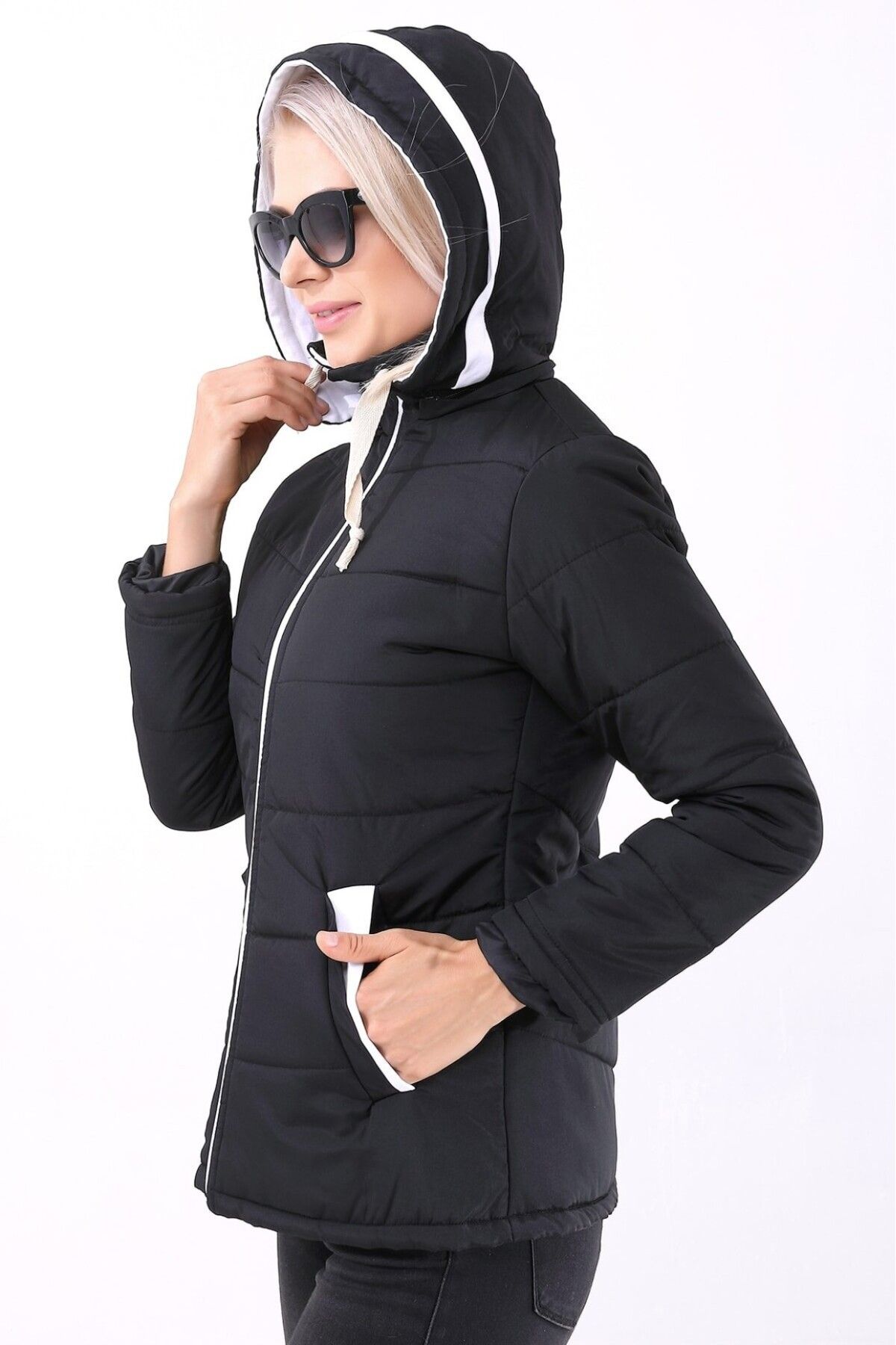 1tarz  Günlük Kısa Şık Kapüşonlu Kışlık Kadın Şişme MontSu İtici Rüzgar Geçirmez - Görsel 4