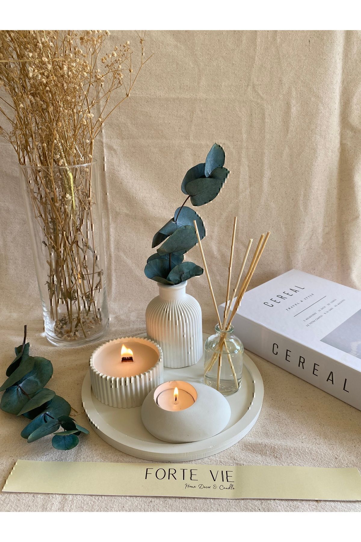 Dekoratif Tepside 5 Li Set Çizgili Vazo, Vanilya Koku Ahşap Fitil Mum, Tealight Mumluk, Oda Koku
