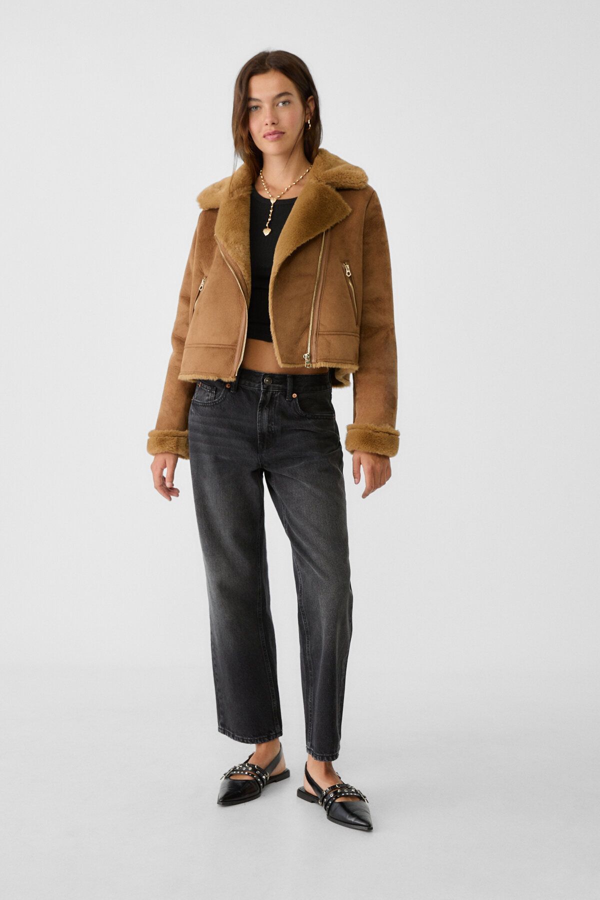 İçi Suni Kürklü Suni Süet Crop Biker Ceket