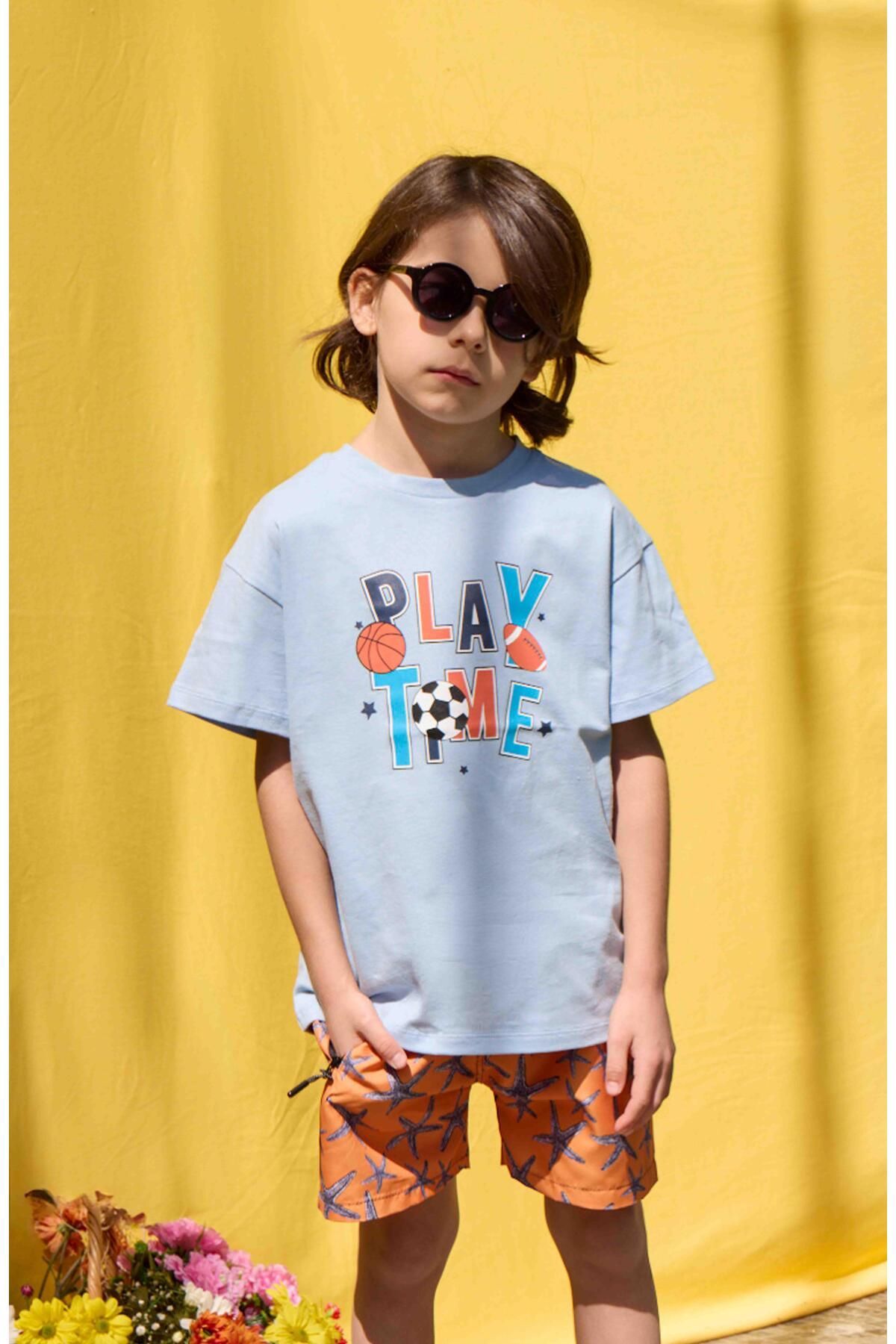 تی شرت پسرانه Play Time Print آبی روشن (2-3 سال 8-9 سال) LUESS